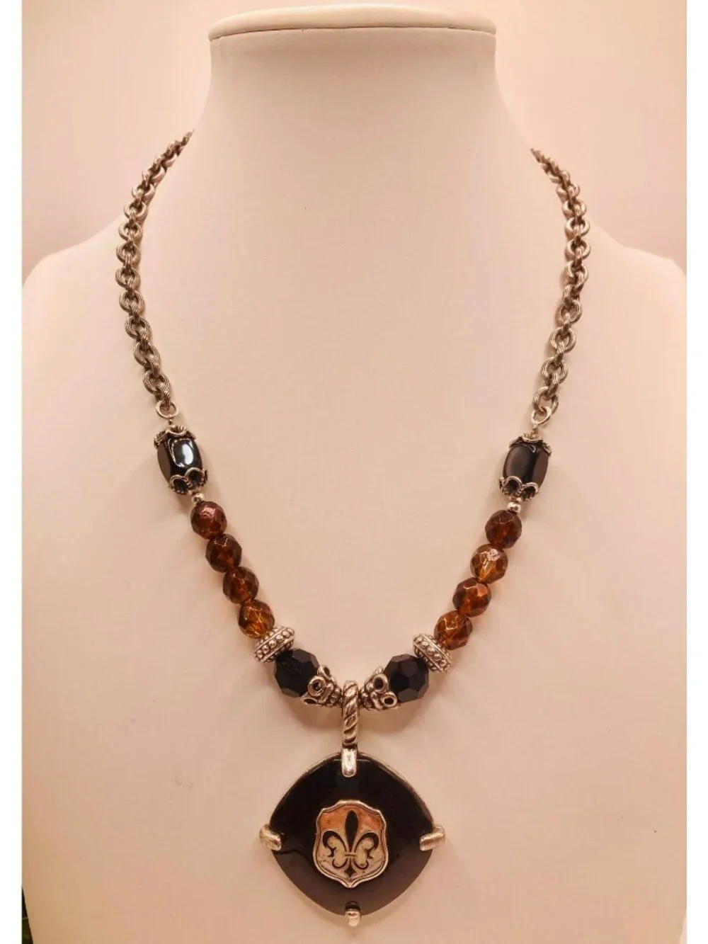 Brighton Black Onyx Brown Beaded Fleur De Lis Pendant Necklace -40B